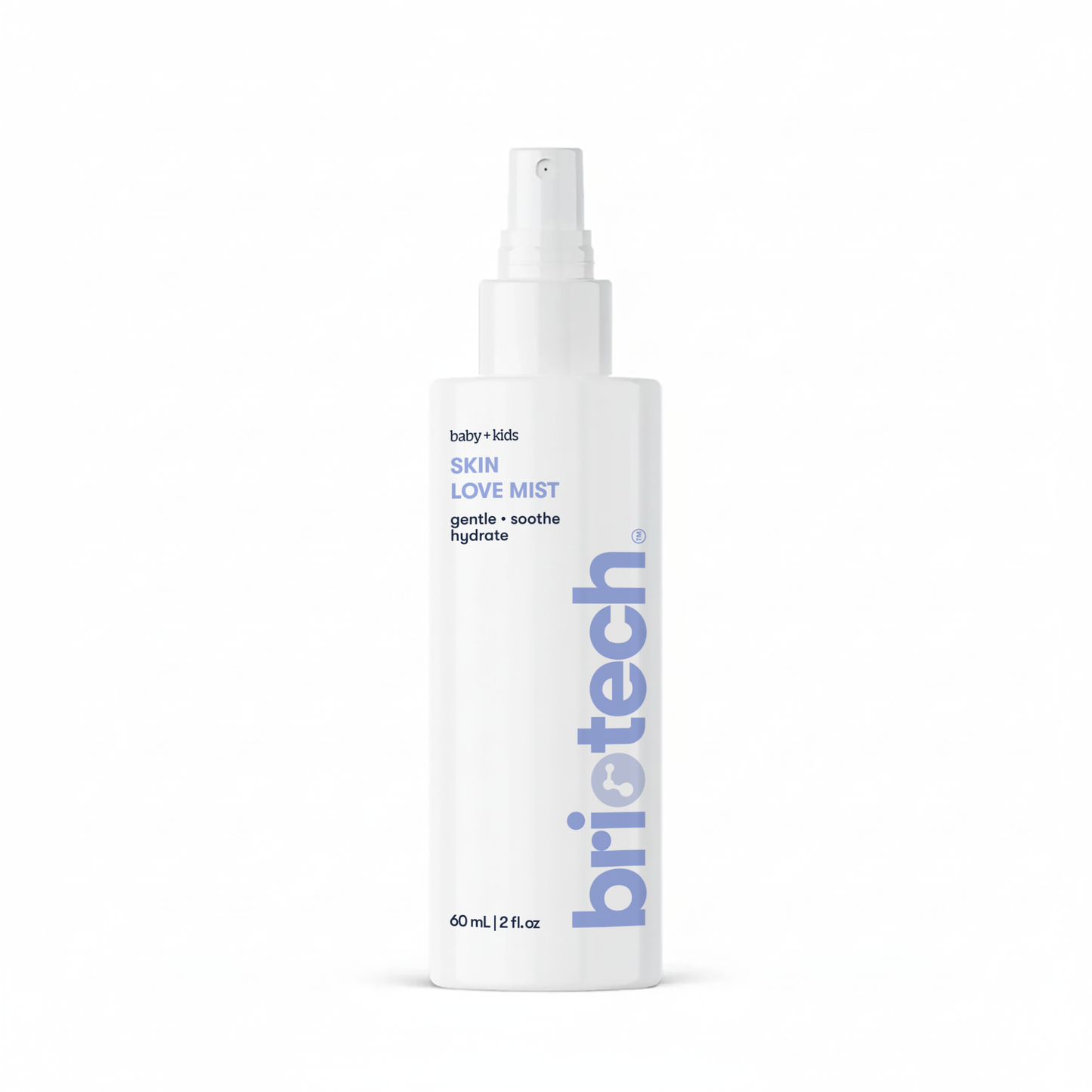 A white spray bottle labeled Baby Skin Love Mist with blue and gray text. This 60 mL (2 fl. oz.) gentle mist soothes redness and hydrates delicate baby skin.
