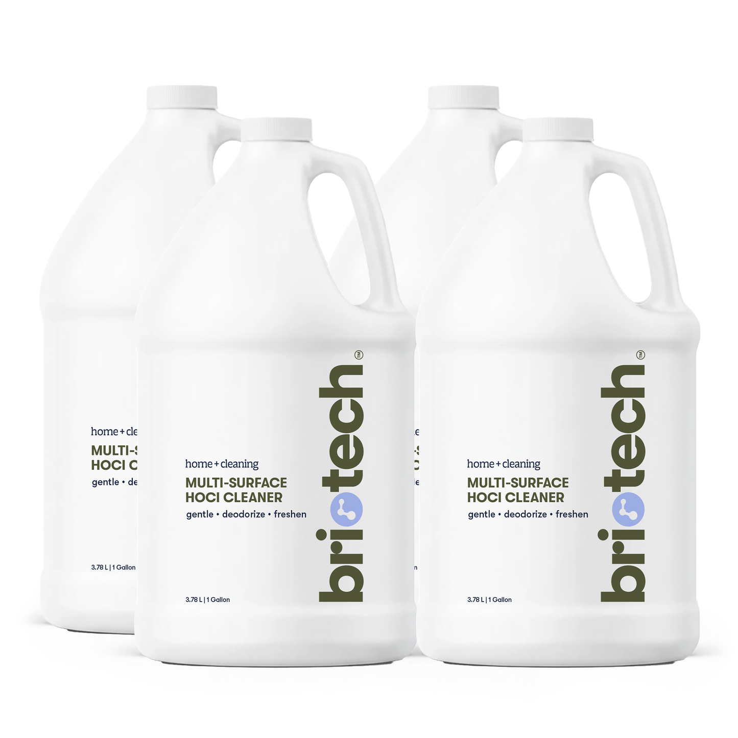 Four one-gallon white jugs, labeled Multi-Surface HOCl Cleaner and arranged in two rows, feature green and black text on their labels. This powerful Multi-Surface HOCl Cleaner is an effective solution for home cleaning—perfect for deodorizing and maintaining a fresh environment throughout your spaces.