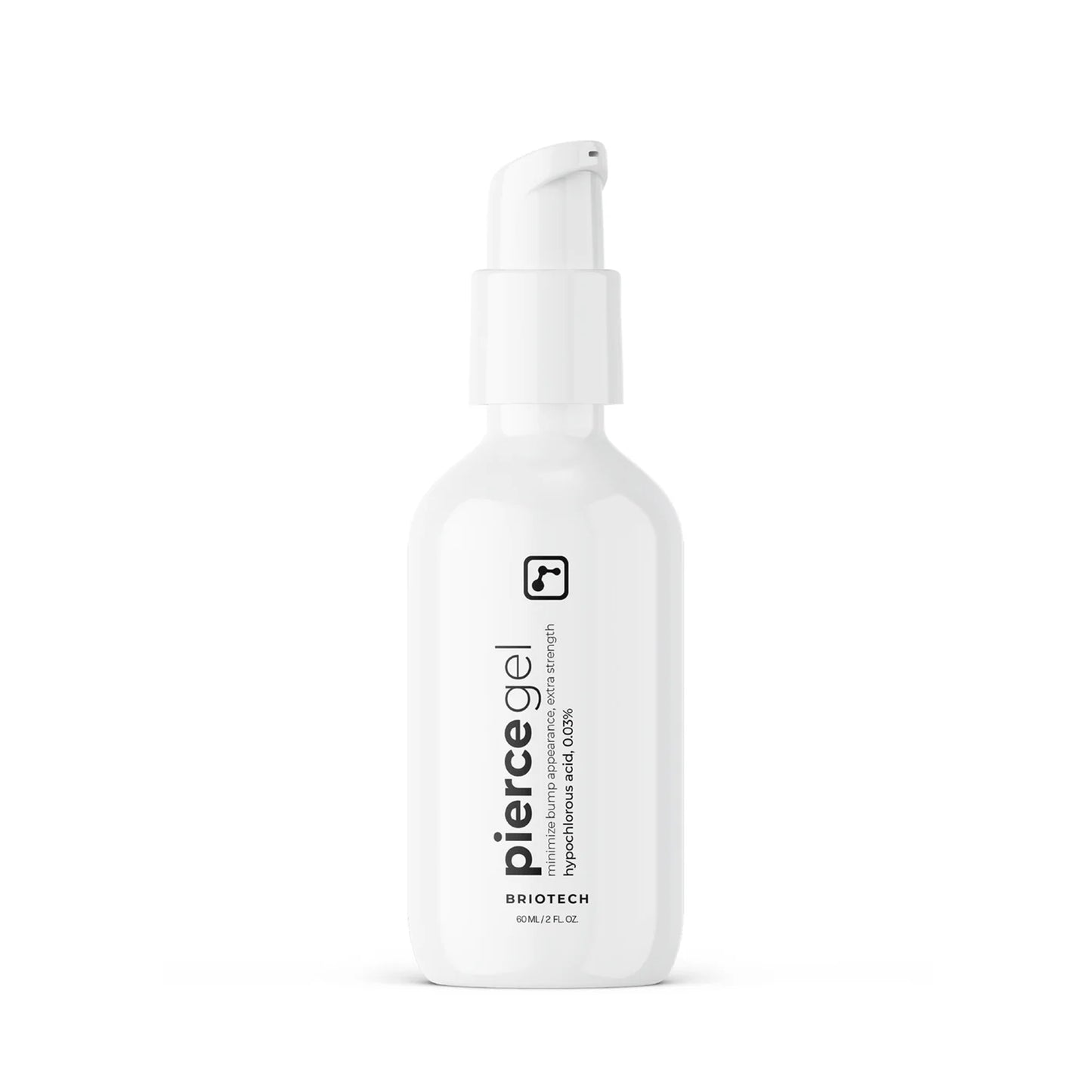 A white pump bottle labeled Pierce Gel is shown against a plain white background, containing an extra strength topical gel for skin recovery and piercing aftercare.