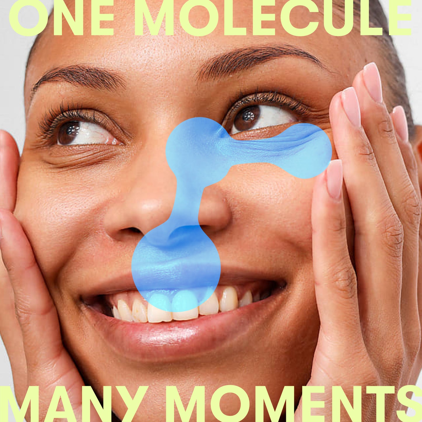A smiling woman touches her face with both hands as a blue molecule overlays her cheek and nose, suggesting Renew Toner’s benefits. Large yellow text at the top reads ONE MOLECULE; at the bottom, MANY MOMENTS.