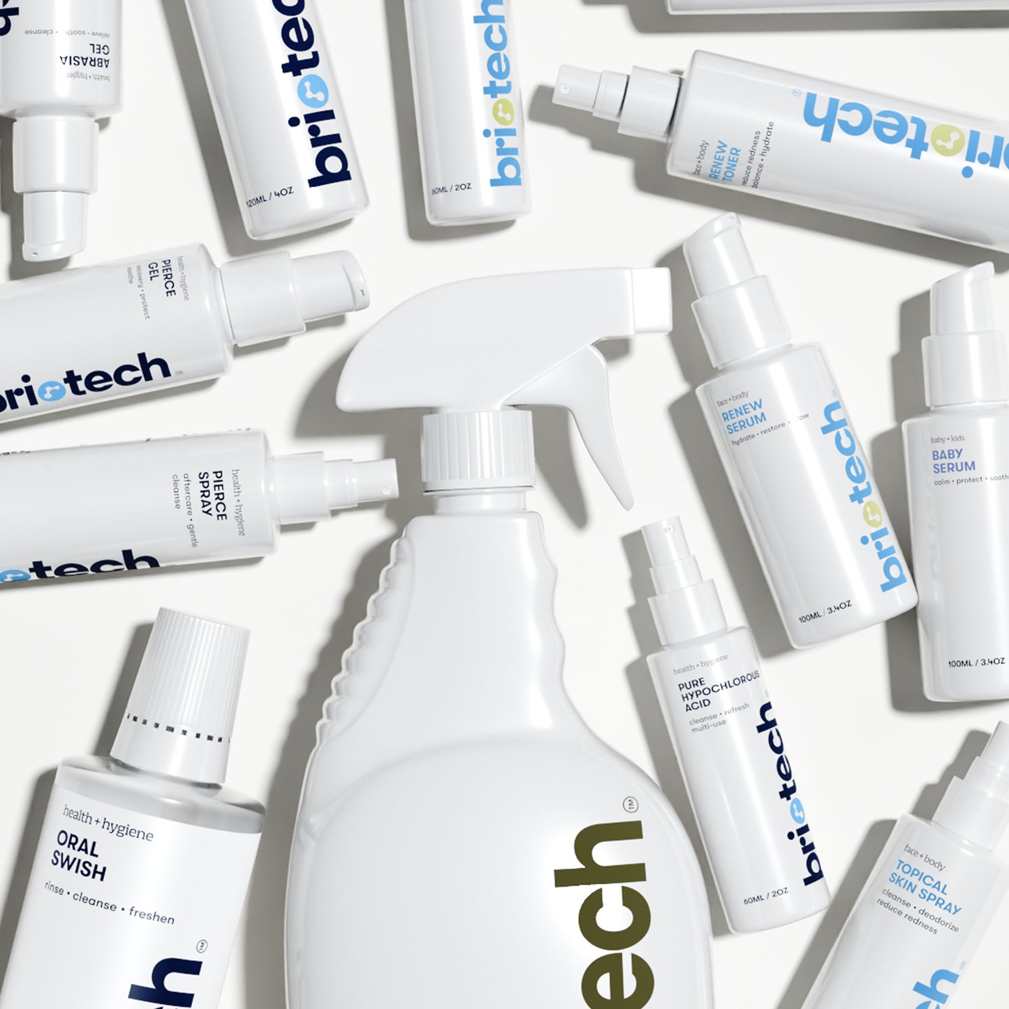 The Sanitizer Disinfectant Bundle is displayed in white bottles and sprays on a white background, featuring labels for serum, oral swish, purified hypochlorous solution, and sanitizer disinfectant for high-touch spaces.