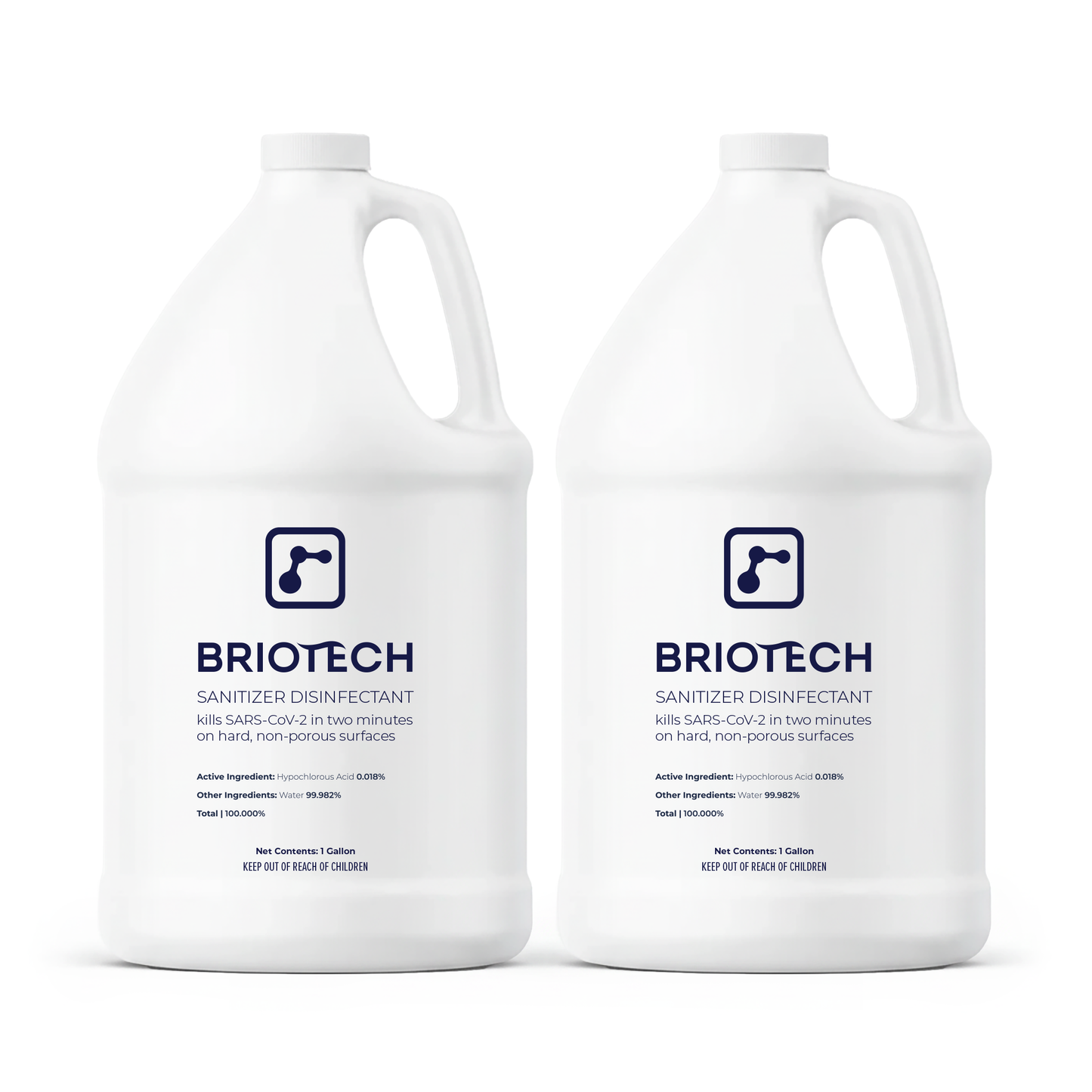 Two white gallon jugs labeled "Sanitizer Disinfectant" with blue text display product info and certification logos. This spray eliminates bacteria and viruses on non-porous surfaces, all set against a white background.