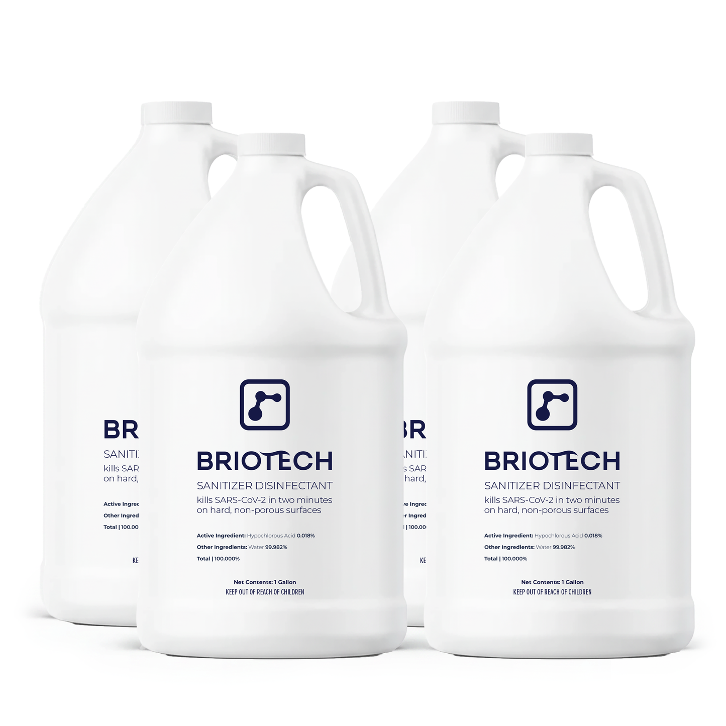 Four one-gallon white bottles of Sanitizer Disinfectant with blue labels kill bacteria and viruses, including SARS-CoV-2 in two minutes on hard, non-porous surfaces.