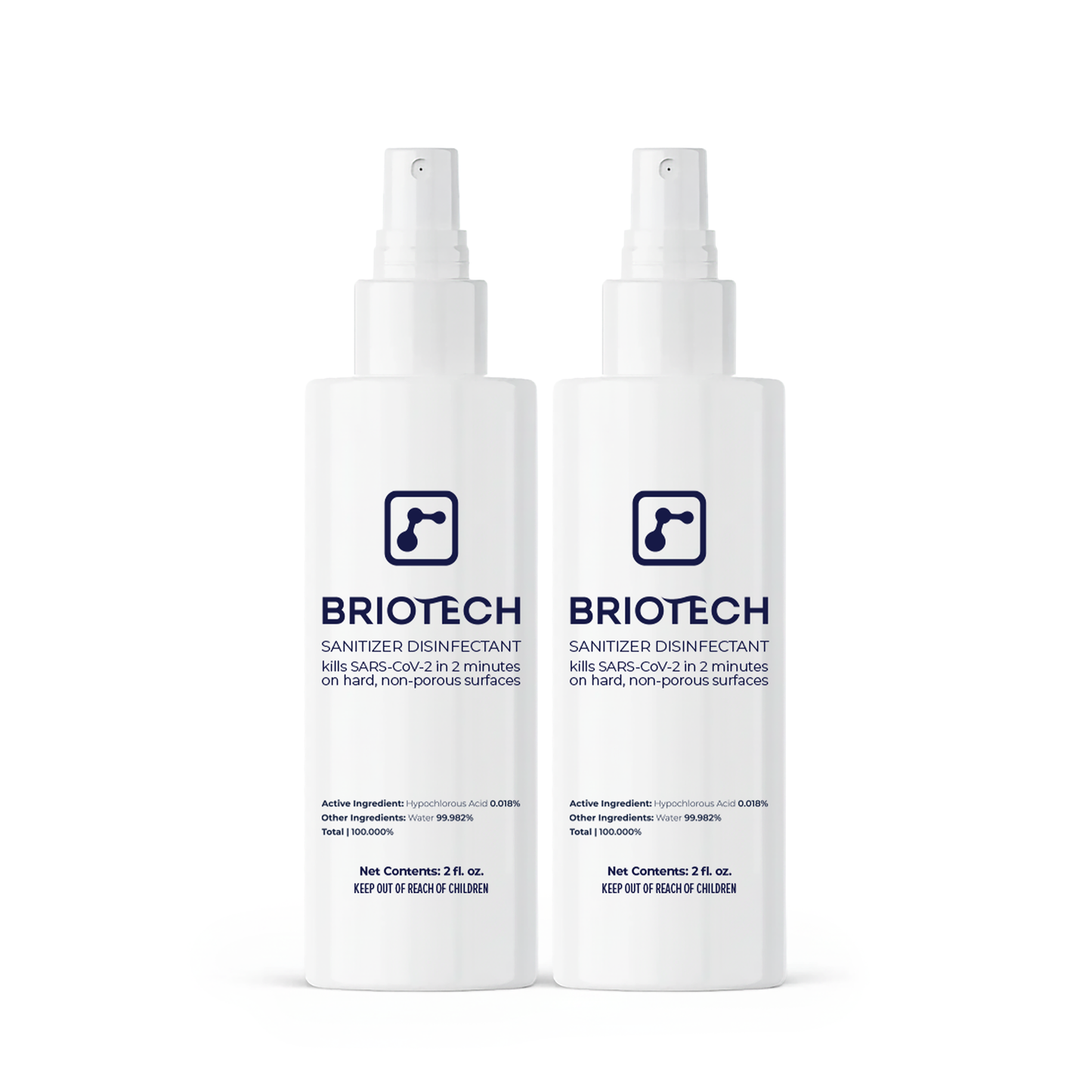 Two white bottles of Sanitizer Disinfectant with blue label are side by side. This spray kills bacteria and viruses, eliminating SARS-CoV-2 in 2 minutes on hard, non-porous surfaces.
