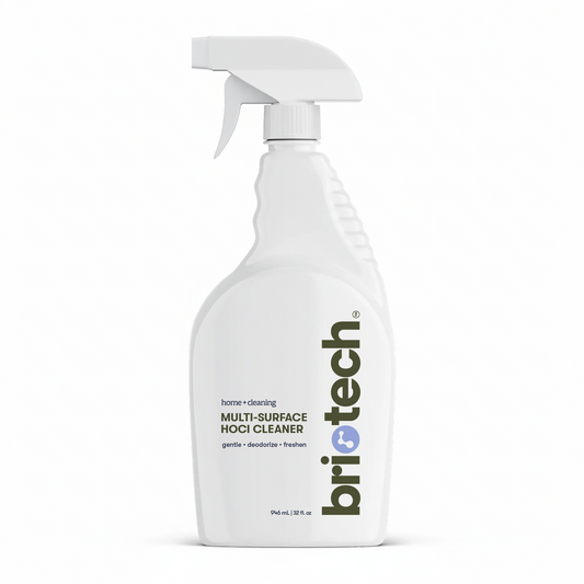 A white spray bottle of Multi-Surface HOCl Cleaner, a gentle multi-surface cleaner for kids and pets.