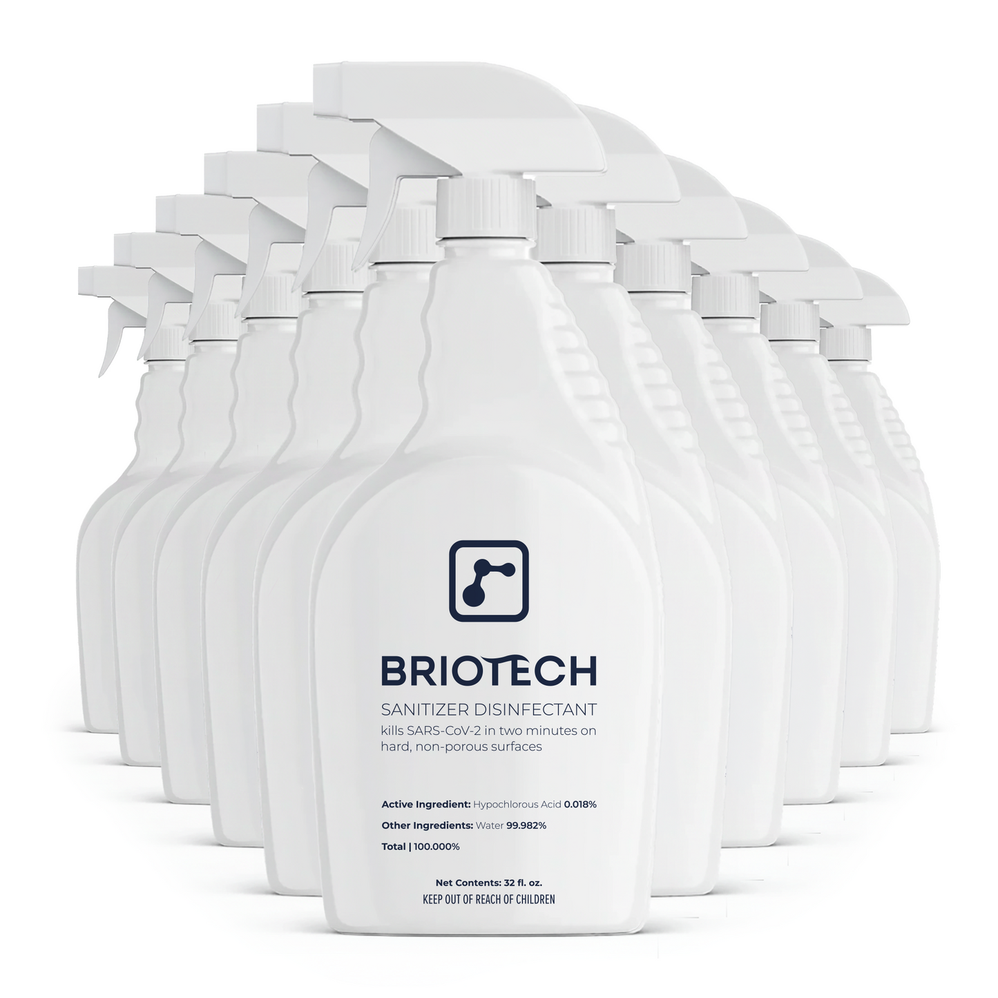 A row of twelve white Sanitizer Disinfectant spray bottles, proven to kill SARS-CoV-2 in two minutes on hard, non-porous surfaces and effectively eliminate bacteria and viruses.
