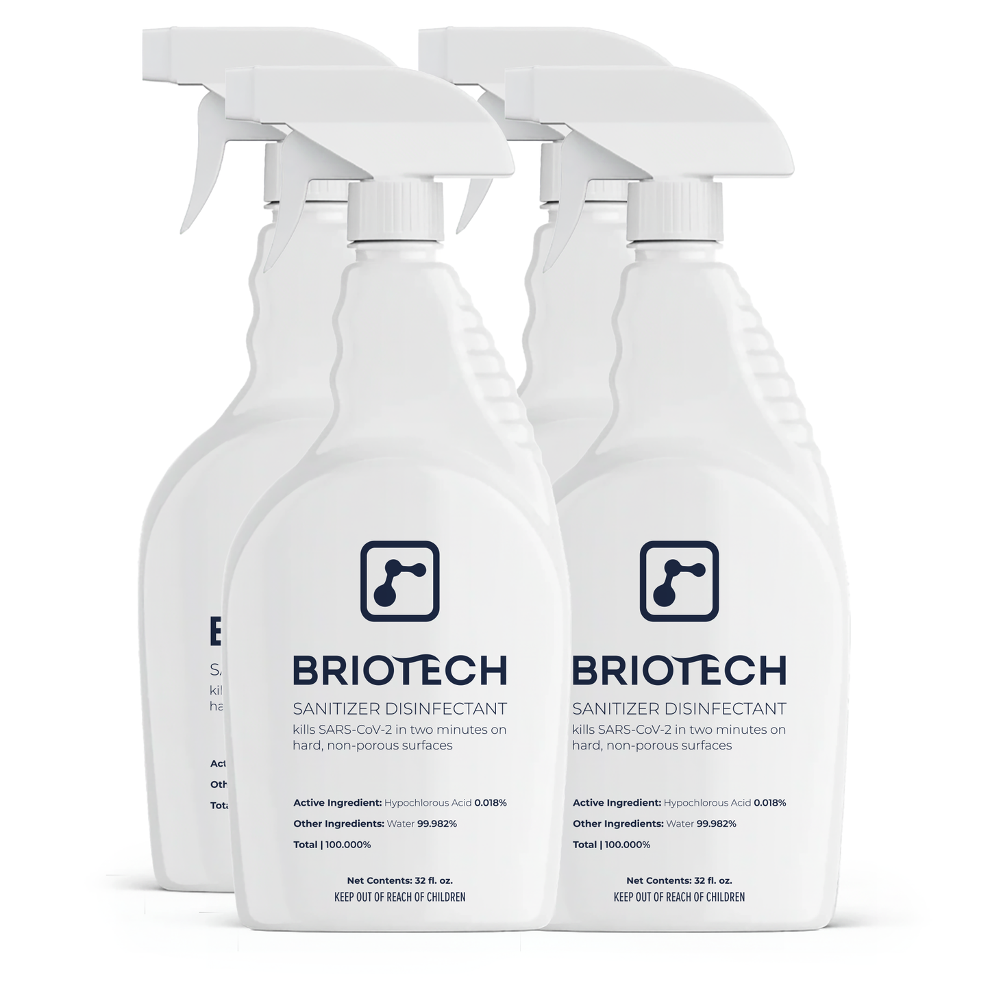 Four white spray bottles of Sanitizer Disinfectant are arranged in a staggered row. The front bottle’s label emphasizes its effectiveness against bacteria and viruses on non-porous surfaces.