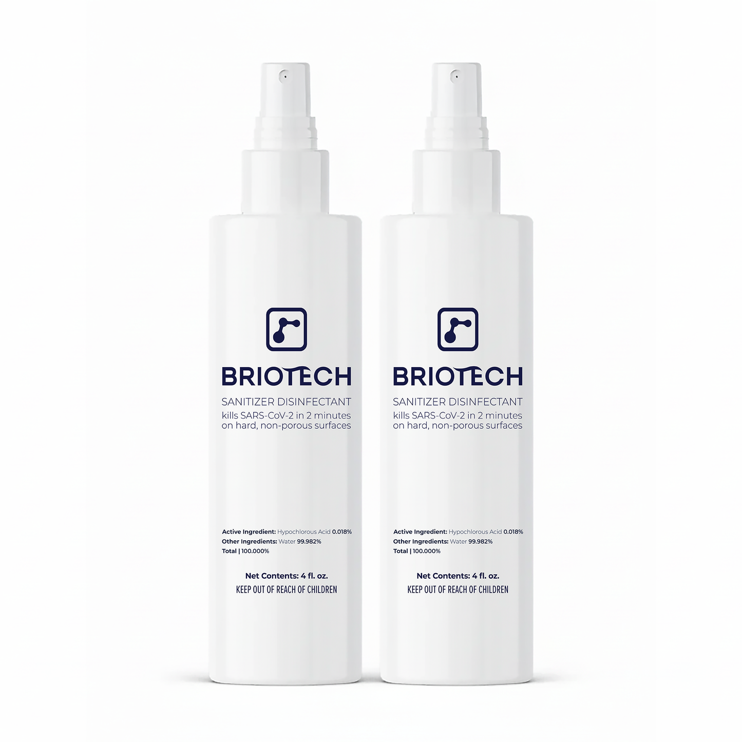 Two white 6 fl oz spray bottles of Sanitizer Disinfectant. Eliminates bacteria and viruses, kills SARS-CoV-2 in 2 minutes, for use on hard, non-porous surfaces.