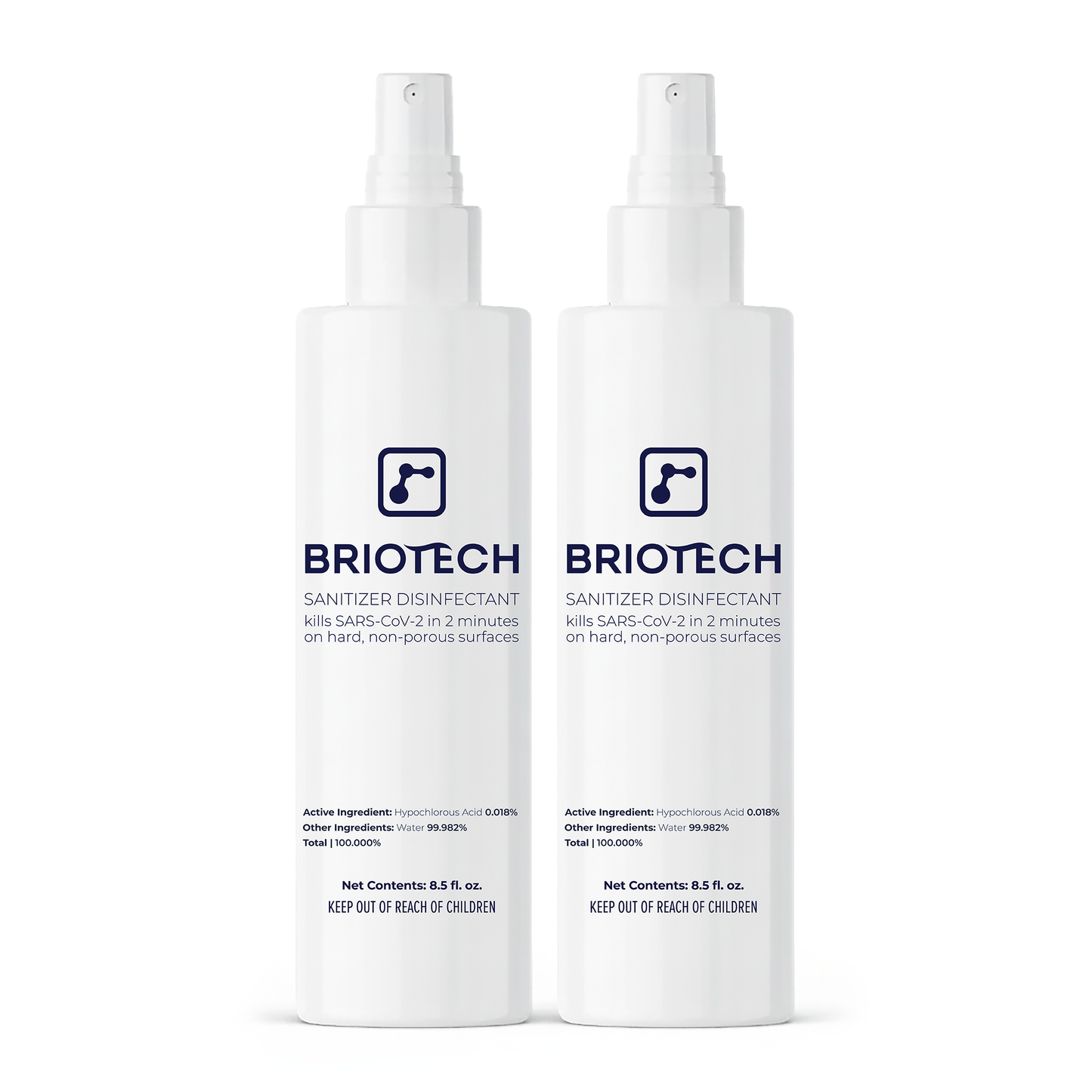 Two white bottles of Sanitizer Disinfectant with spray tops, labeled as a disinfecting spray that kills bacteria and viruses on non-porous surfaces in 2 minutes, featuring and safety info on the labels.