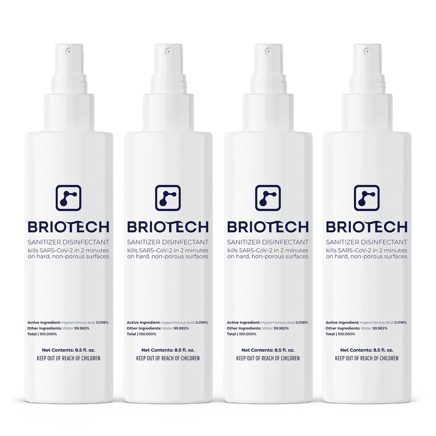 Four white bottles of Sanitizer Disinfectant with spray tops are lined up, each highlighting their effectiveness against bacteria and viruses on non-porous surfaces.