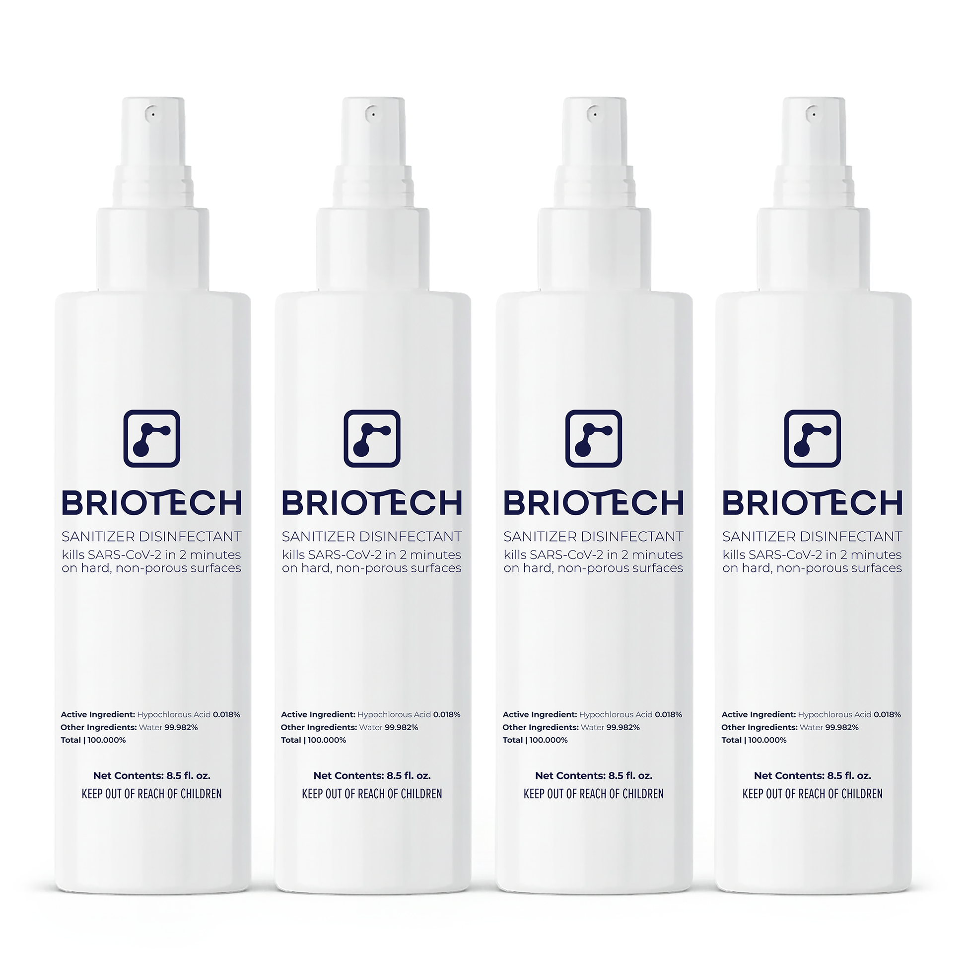 Four white bottles of Sanitizer Disinfectant with spray tops are lined up, each highlighting their effectiveness against bacteria and viruses on non-porous surfaces.
