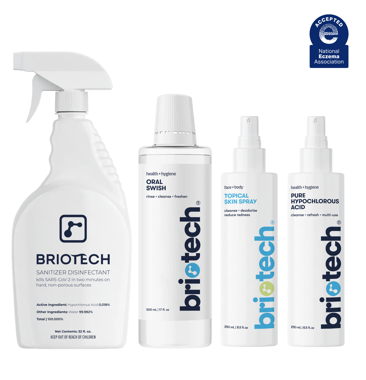 The Briotech Starter Kit containing four bottles of hypochlorous acid disinfectant and skin care products, including one spray bottle and three pump bottles, with a National Eczema Association seal in the top right corner.