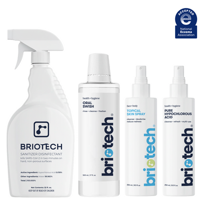 The Briotech Starter Kit containing four bottles of hypochlorous acid disinfectant and skin care products, including one spray bottle and three pump bottles, with a National Eczema Association seal in the top right corner.