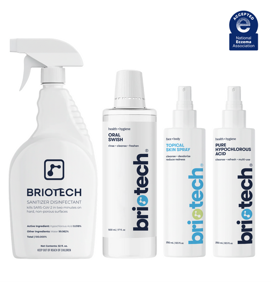 The Briotech Starter Kit containing four bottles of hypochlorous acid disinfectant and skin care products, including one spray bottle and three pump bottles, with a National Eczema Association seal in the top right corner.
