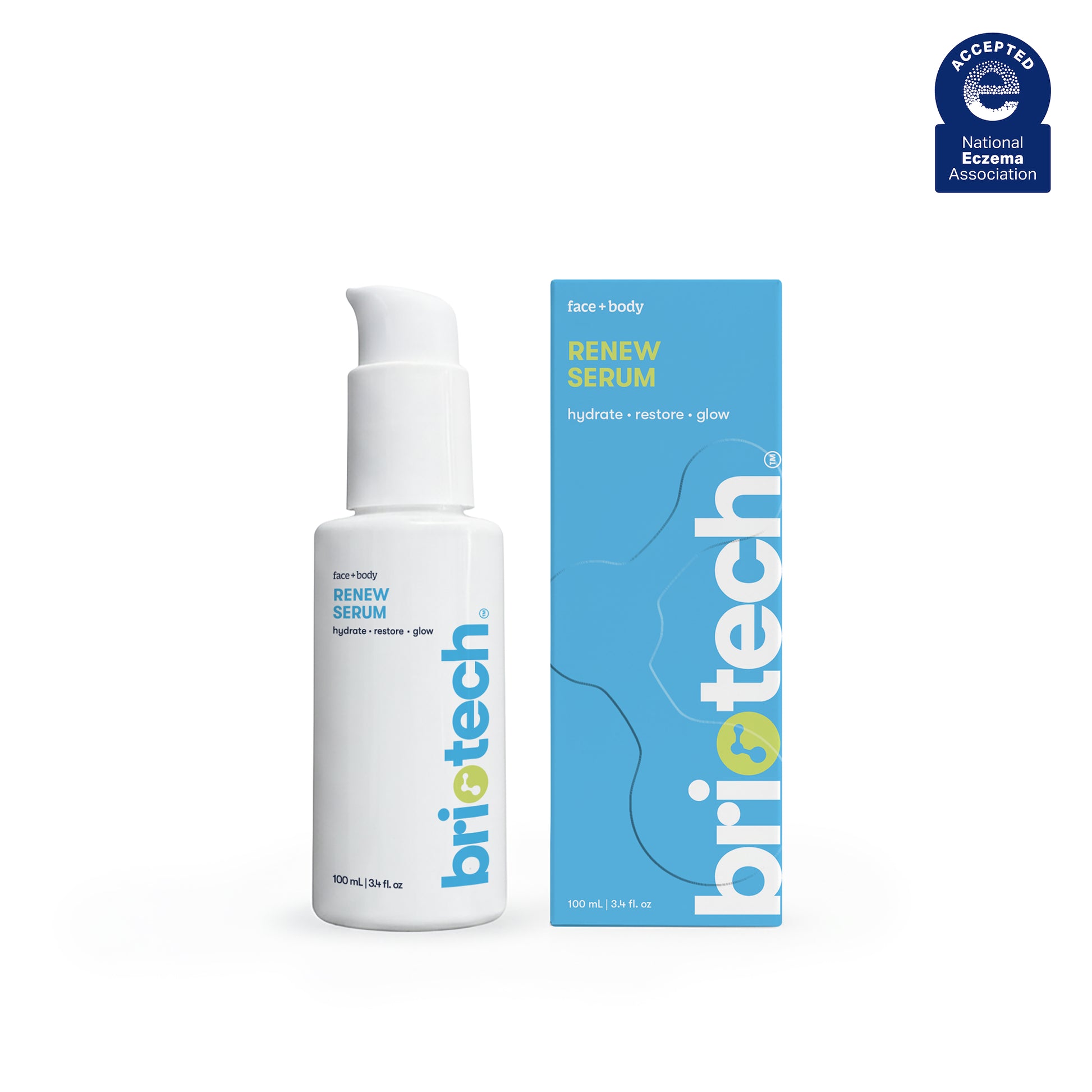 A white pump bottle labeled Renew Serum stands beside its blue and white box, both displaying the product name and the words hydrate, restore, glow.