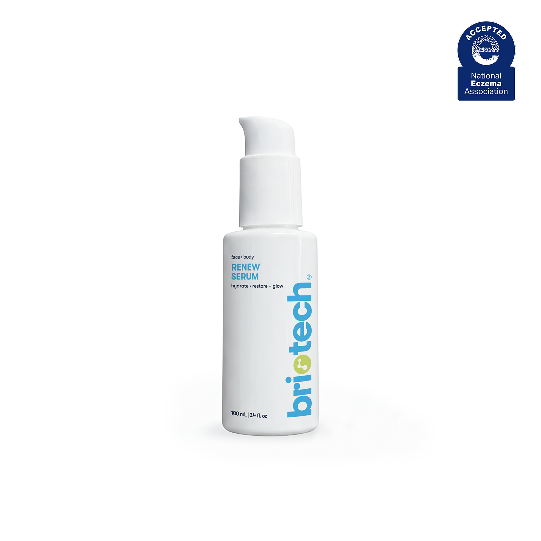 A white pump 3.4 fl oz bottle labeled Renew Serum displaying the product name and the words hydrate, restore, glow.
