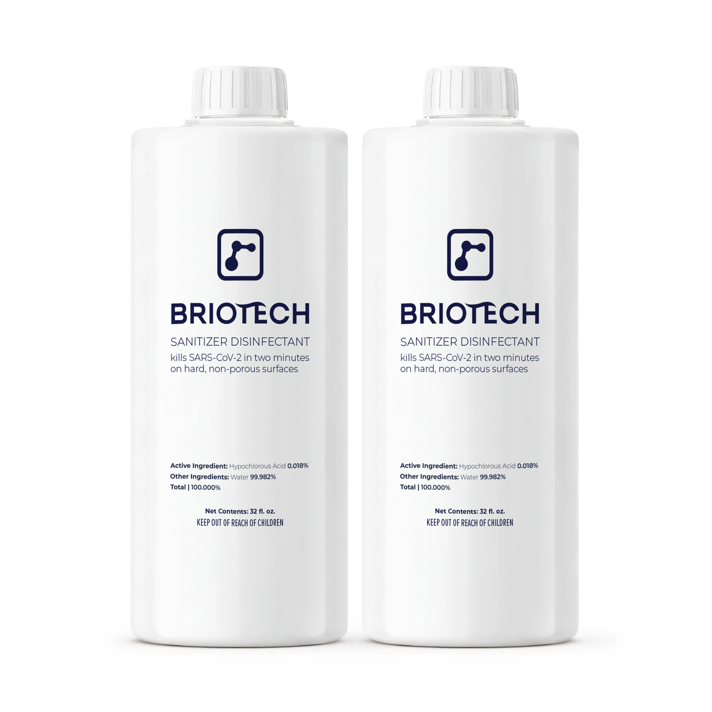 Two white bottles of Sanitizer Disinfectant with blue and gray labels, each 32 fl oz. Designed for non-porous surfaces, they display safety info and certifications, effectively eliminating bacteria and viruses.