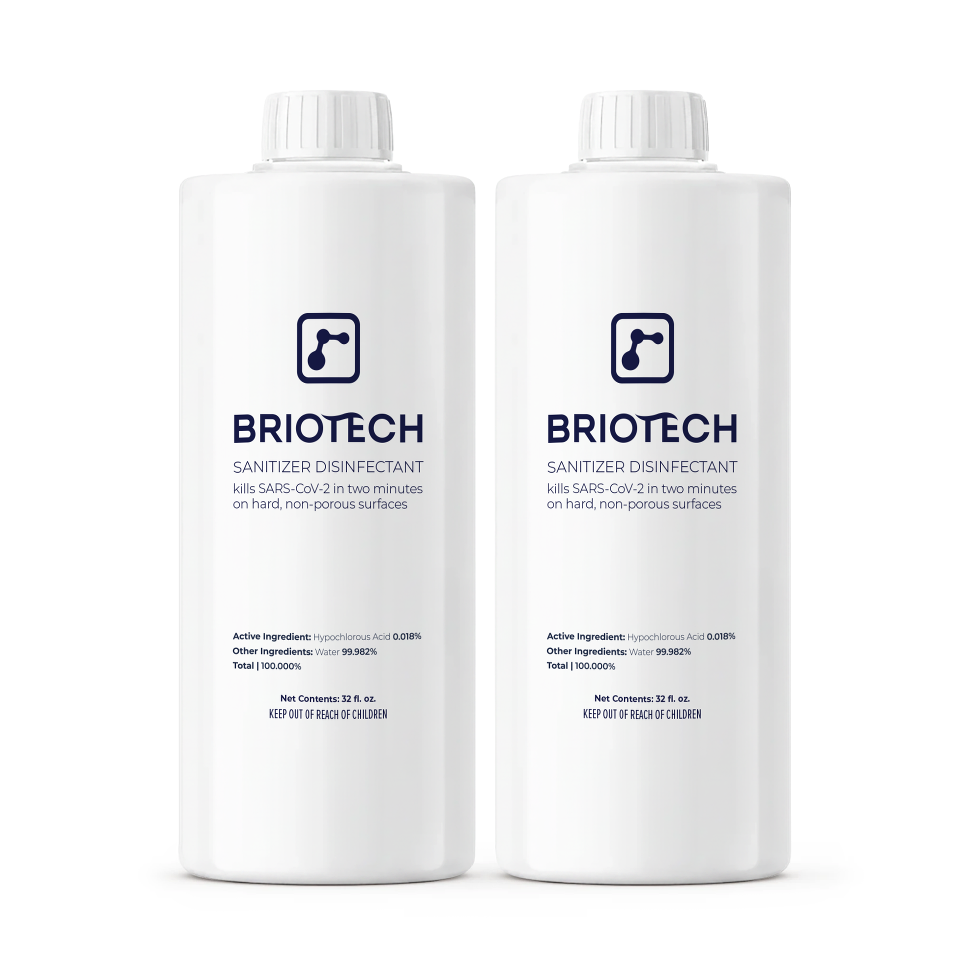 Two white bottles of Sanitizer Disinfectant with blue and gray labels, each 32 fl oz. Designed for non-porous surfaces, they display safety info and certifications, effectively eliminating bacteria and viruses.