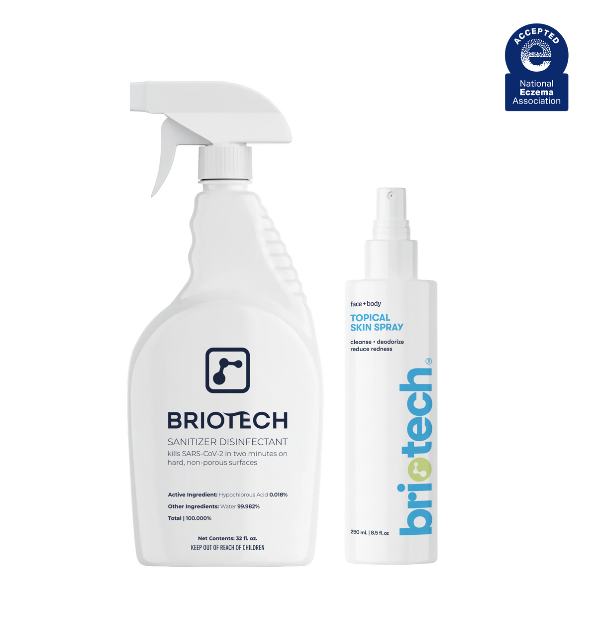 The Daily Essentials Duo featuring a large white trigger spray bottle of HOCl sanitizer disinfectant next to a smaller white pump bottle of topical skin spray, with a National Eczema Association seal in the top right corner.