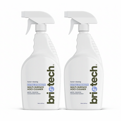 Two white spray bottles of Extra Strength HOCl multi-surface cleaner.