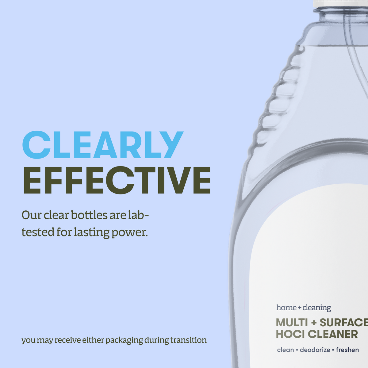 A clear plastic bottle of Multi-Surface HOCl Cleaner is displayed, featuring the phrase “Clearly Effective.” Specially formulated as a gentle cleaner safe for kids and pets, each clear bottle is lab-tested for long-lasting efficacy. The label highlights product usage instructions, information about its hypochlorous acid cleaner formula, and notes on ongoing packaging updates.