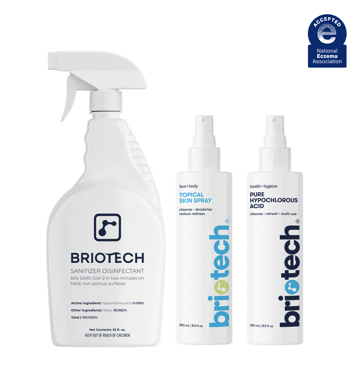 The Everyday Care Bundle featuring a large hypochlorous disinfectant spray bottle next to two smaller topical skin spray bottles, with a National Eczema Association seal in the corner.