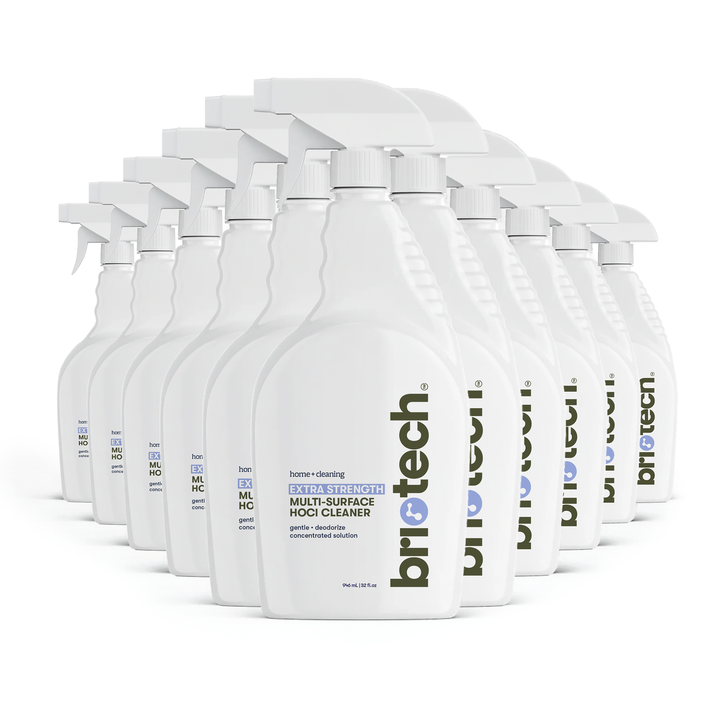 A row of white spray bottles labeled Extra Strength HOCl, designed for powerful cleaning and deodorizing of hard non-porous surfaces, is arranged in a staggered line against a white background.