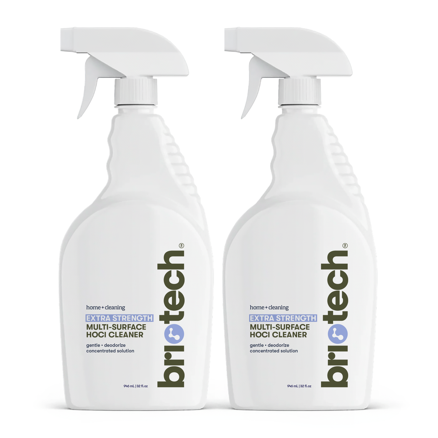 Two white spray bottles labeled Extra Strength HOCl stand side by side, for advanced cleaning and deodorizing hard surfaces. Each has a white spray nozzle and a 32 fl oz label.