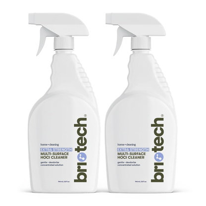 Two white spray bottles labeled Extra Strength HOCl stand side by side, for advanced cleaning and deodorizing hard surfaces. Each has a white spray nozzle and a 32 fl oz label.