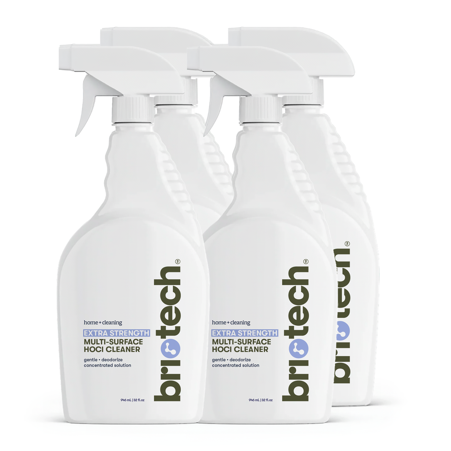 Four white spray bottles of Extra Strength HOCl are grouped together, labels with blue and gray text facing forward. Perfect for advanced cleaning and deodorizing hard, non-porous surfaces.