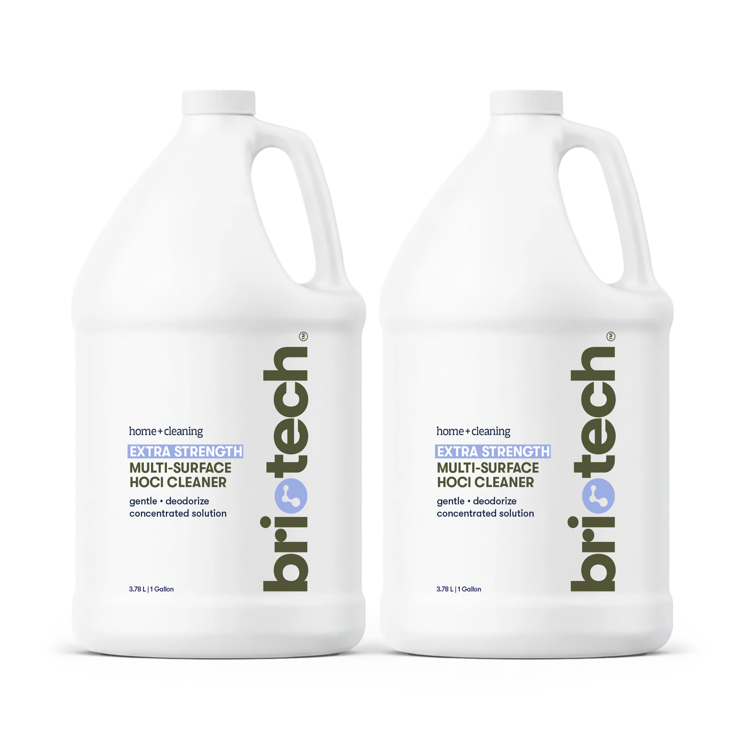 Two white gallon jugs of Extra Strength HOCl Cleaner with blue and gray labels, large handles, and the Britech logo vertically on the side. Designed for advanced cleaning and deodorizing hard non-porous surfaces.