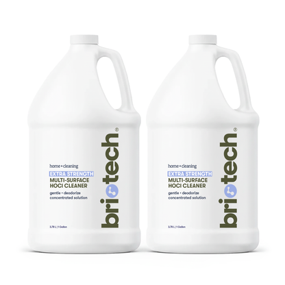 Two white gallon jugs of Extra Strength HOCl Cleaner with blue and gray labels, large handles, and the Britech logo vertically on the side. Designed for advanced cleaning and deodorizing hard non-porous surfaces.
