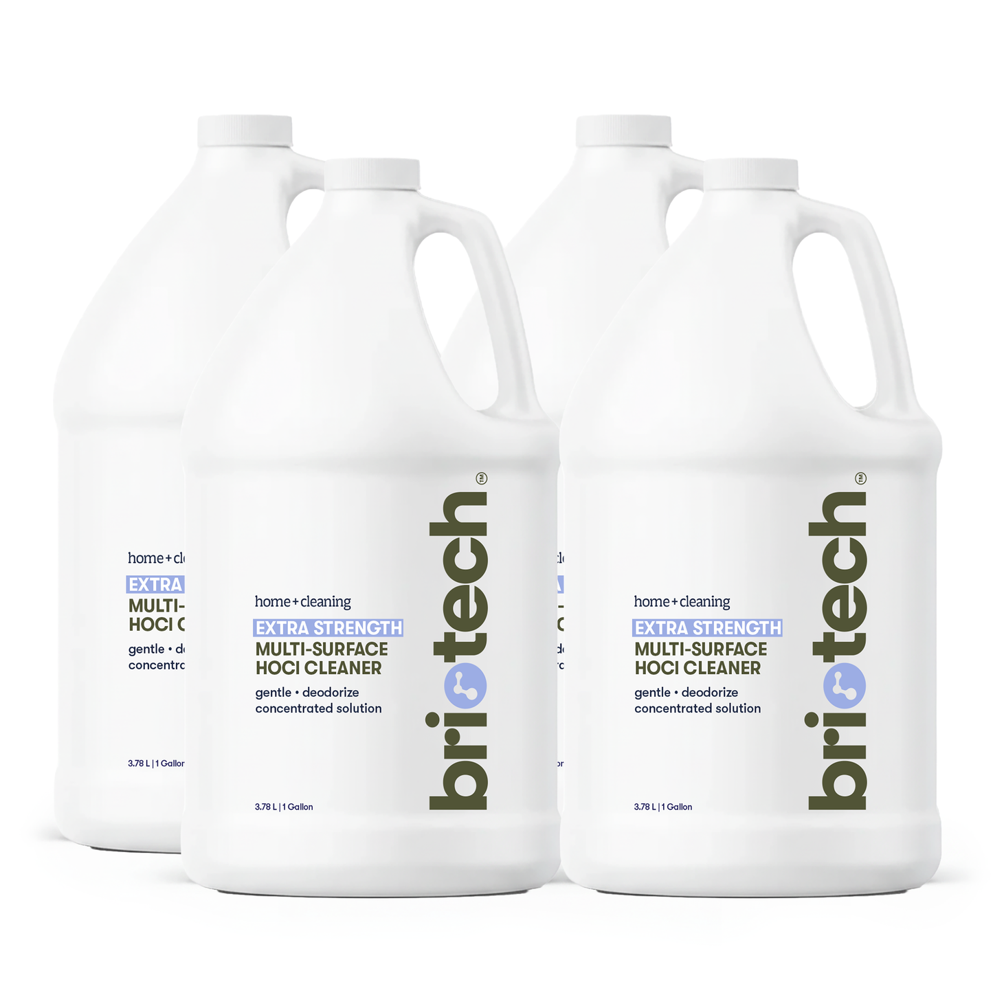 Four white gallon bottles of Extra Strength HOCl cleaner are arranged in two rows; the front labels highlight advanced, concentrated cleaning for hard non-porous surfaces with a gentle, deodorizing formula.