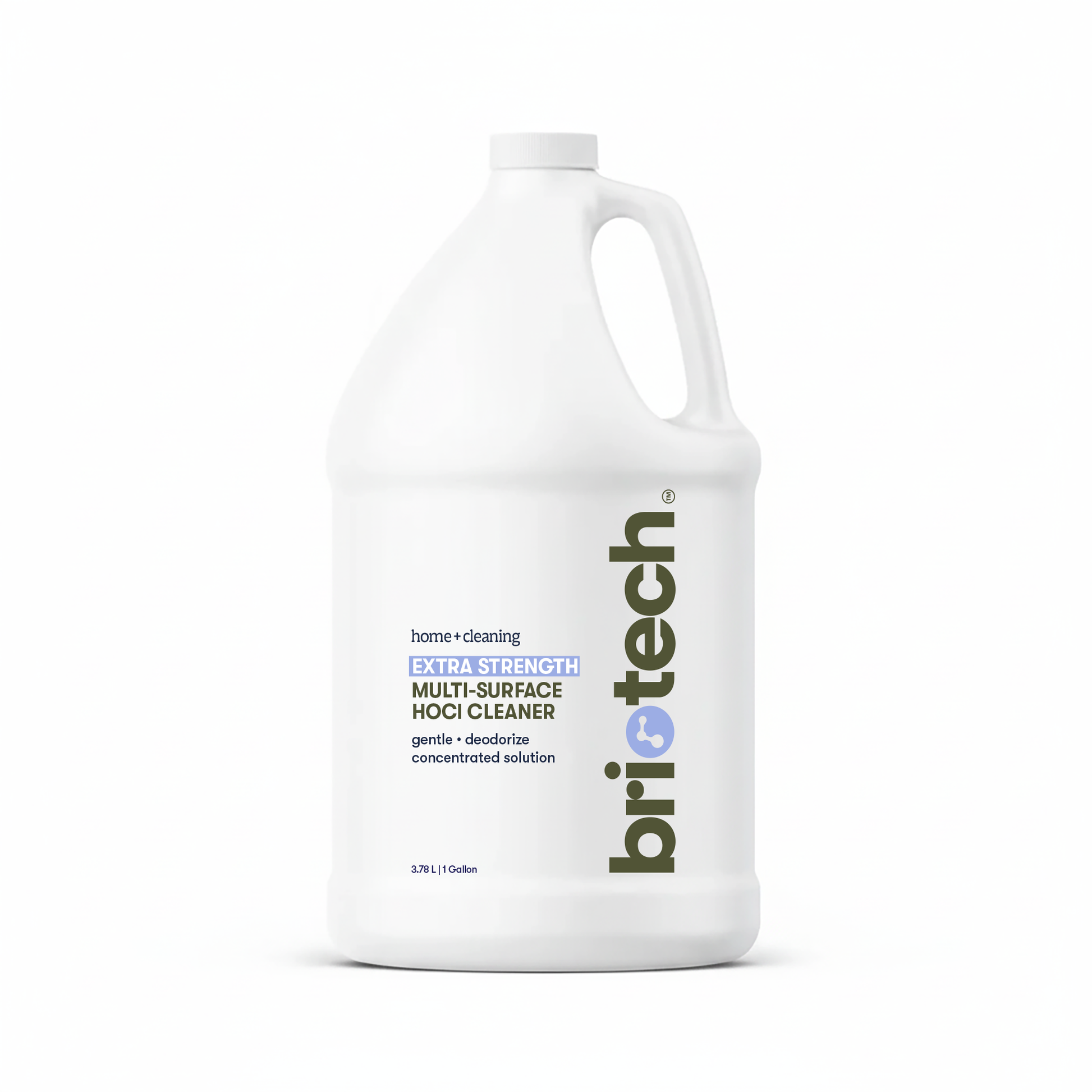 A white gallon jug labeled Extra Strength HOCl in black and gold text holds 3.78 liters, features a large handle, and is designed for advanced cleaning and deodorizing of hard non-porous surfaces.