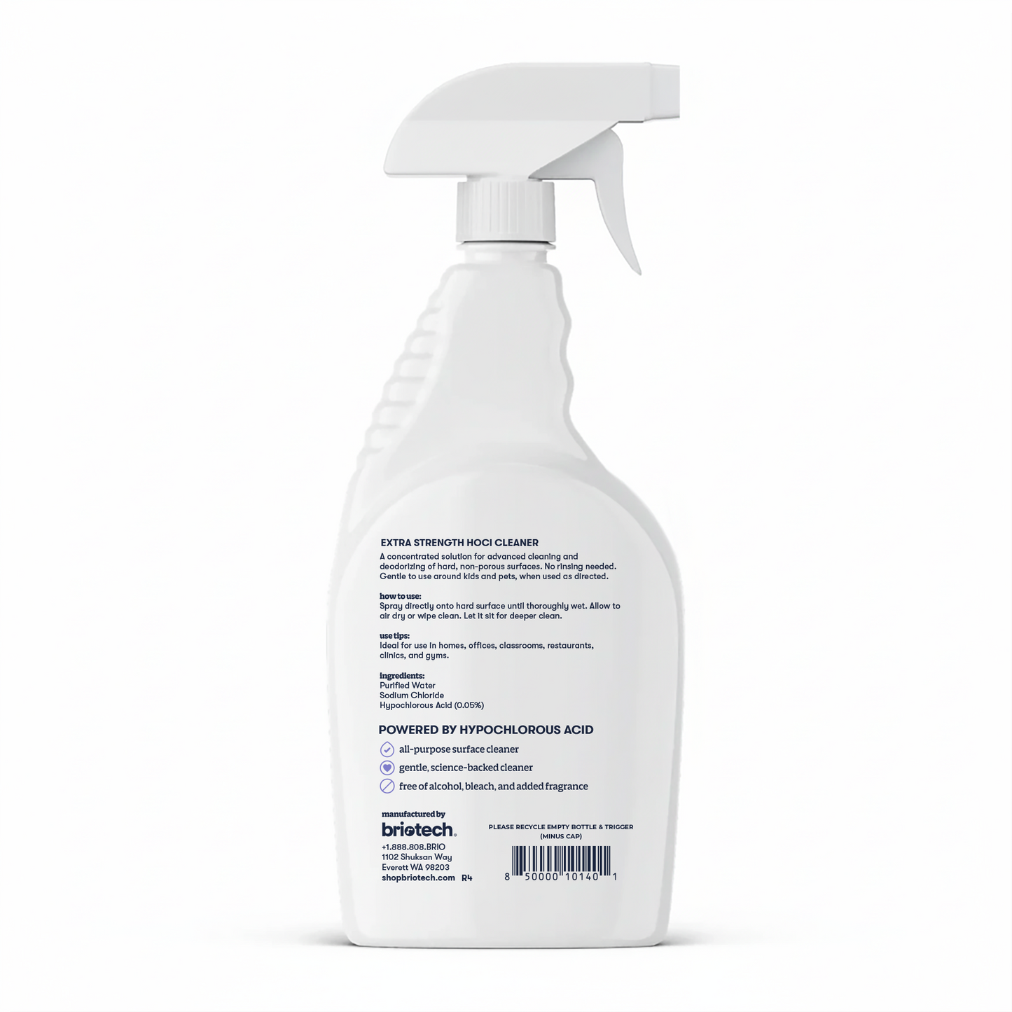 A white spray bottle of Extra Strength HOCl sits against a plain background. It features a trigger spray nozzle and a back label with instructions, ingredients, and warnings. Designed for advanced cleaning of hard, non-porous surfaces.