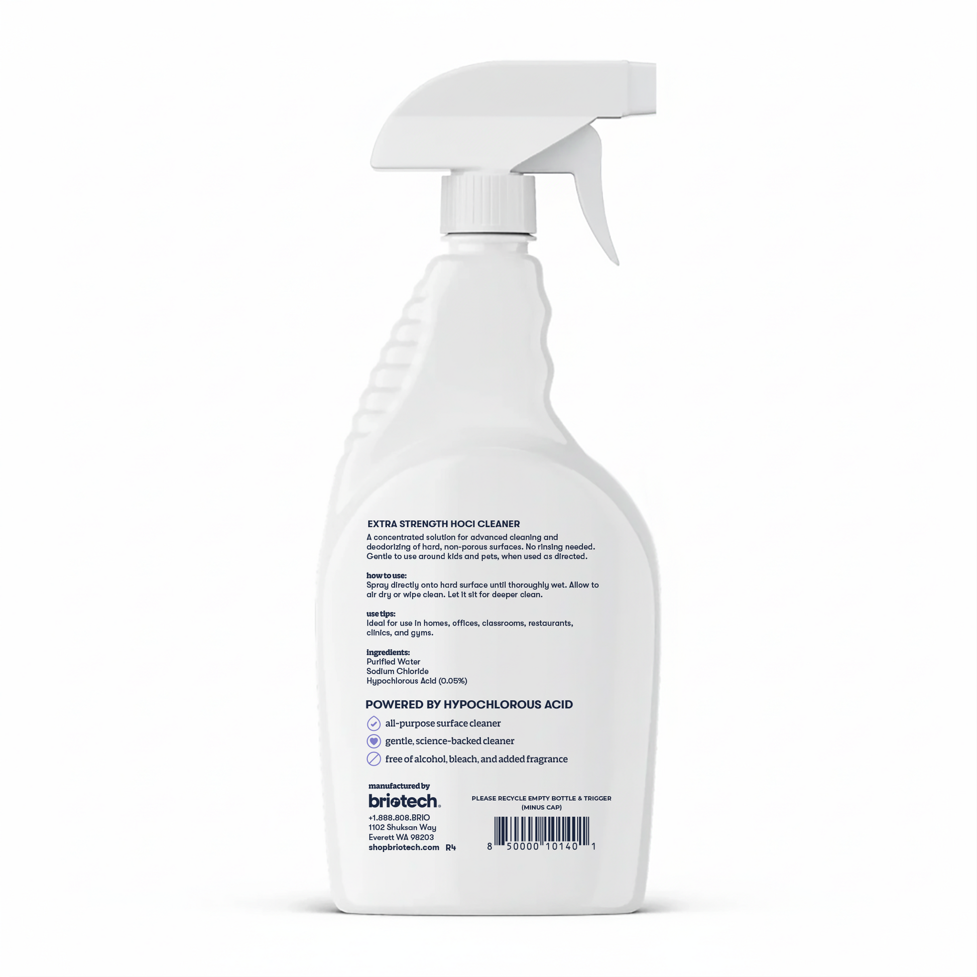 A white spray bottle of Extra Strength HOCl sits against a plain background. It features a trigger spray nozzle and a back label with instructions, ingredients, and warnings. Designed for advanced cleaning of hard, non-porous surfaces.