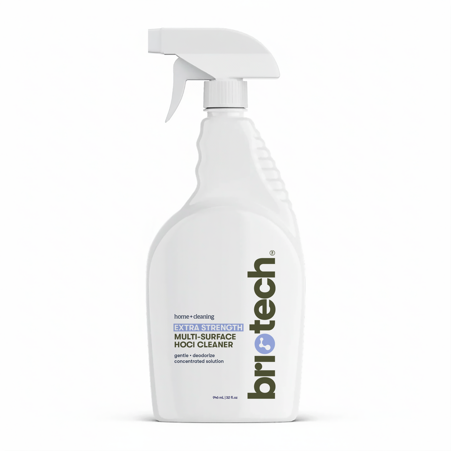 A white spray bottle labeled “Extra Strength HOCl” contains a powerful multi-surface cleaner concentrate, designed for advanced cleaning and deodorizing of hard non-porous surfaces—ideal for home use.
