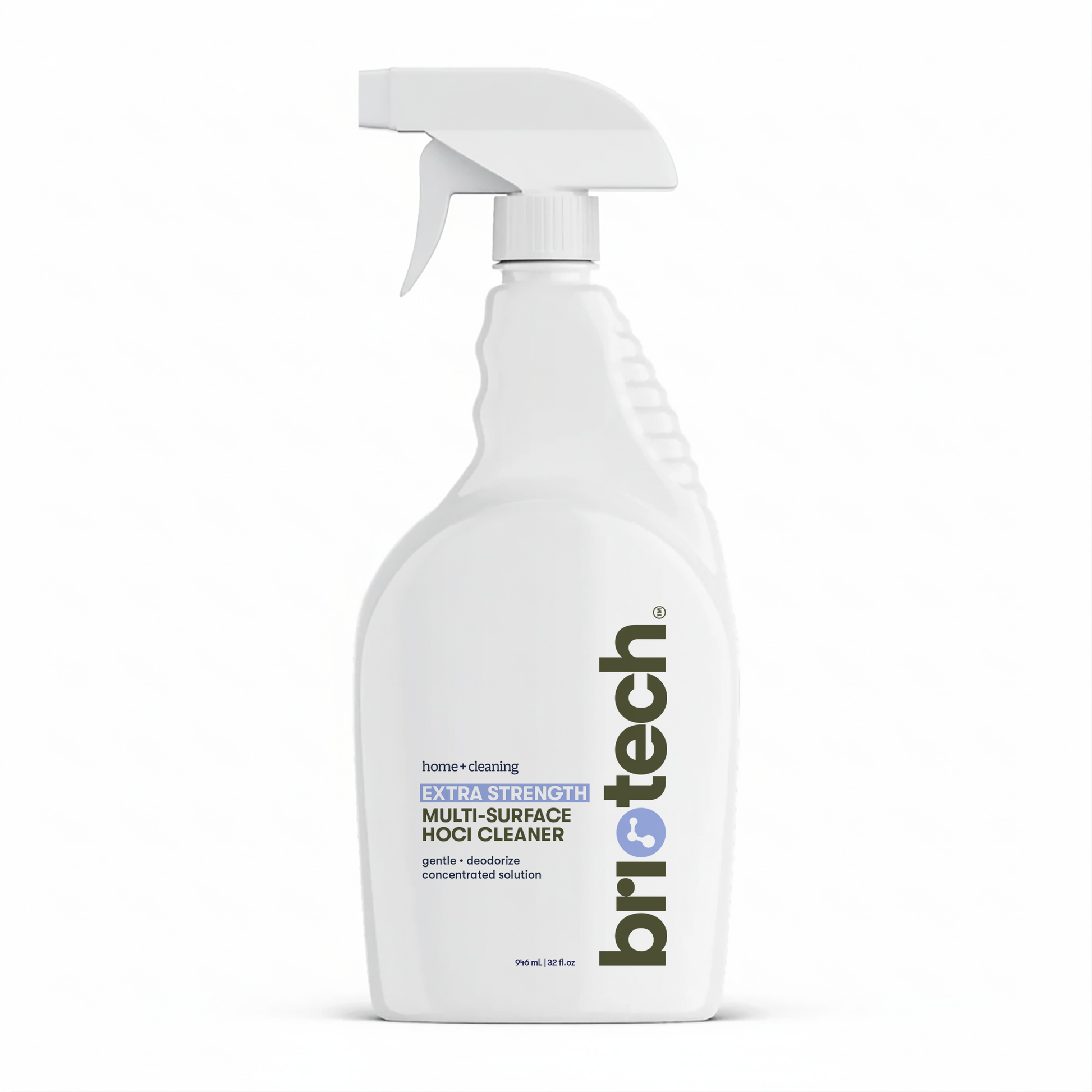 A white spray bottle labeled “Extra Strength HOCl” contains a powerful multi-surface cleaner concentrate, designed for advanced cleaning and deodorizing of hard non-porous surfaces—ideal for home use.