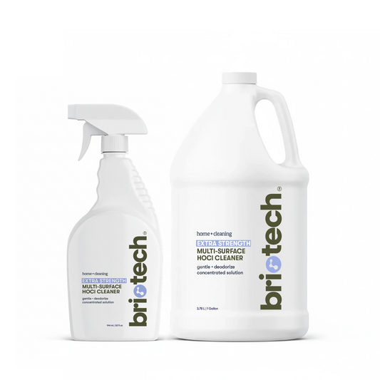 An Extra Strength HOCl Bundle consisting of a smaller white spray bottle and a large white jug of non-toxic, multi-surface cleaner.