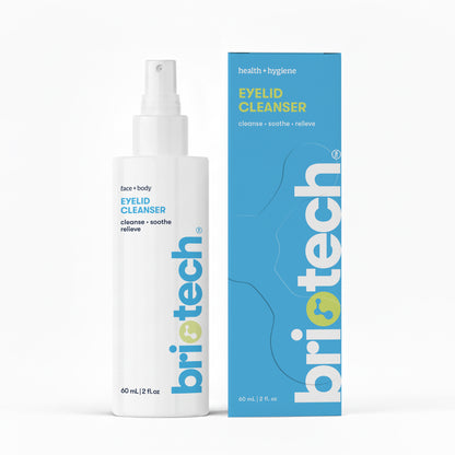 A white 60 mL Eyelid Cleanser spray bottle and matching blue box labeled briotech, formulated for sensitive lids to cleanse, soothe, and relieve dryness. Both containers are 2 fl oz.
