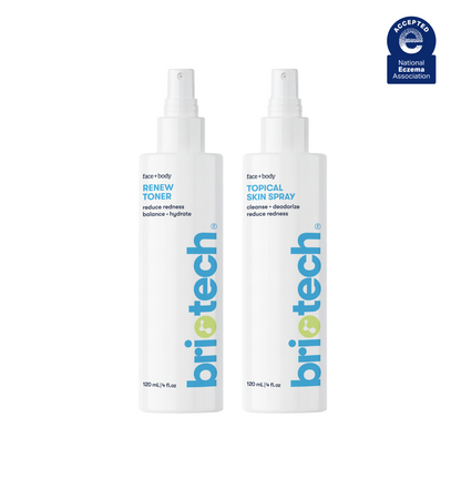 Two white spray bottles labeled Everyday Skin Duo—one as Renew Toner and the other as Topical Skin Spray, both 120 mL—are shown. A blue National Eczema Association acceptance seal appears in the top right corner, highlighting these essentials for healthy-looking skin.