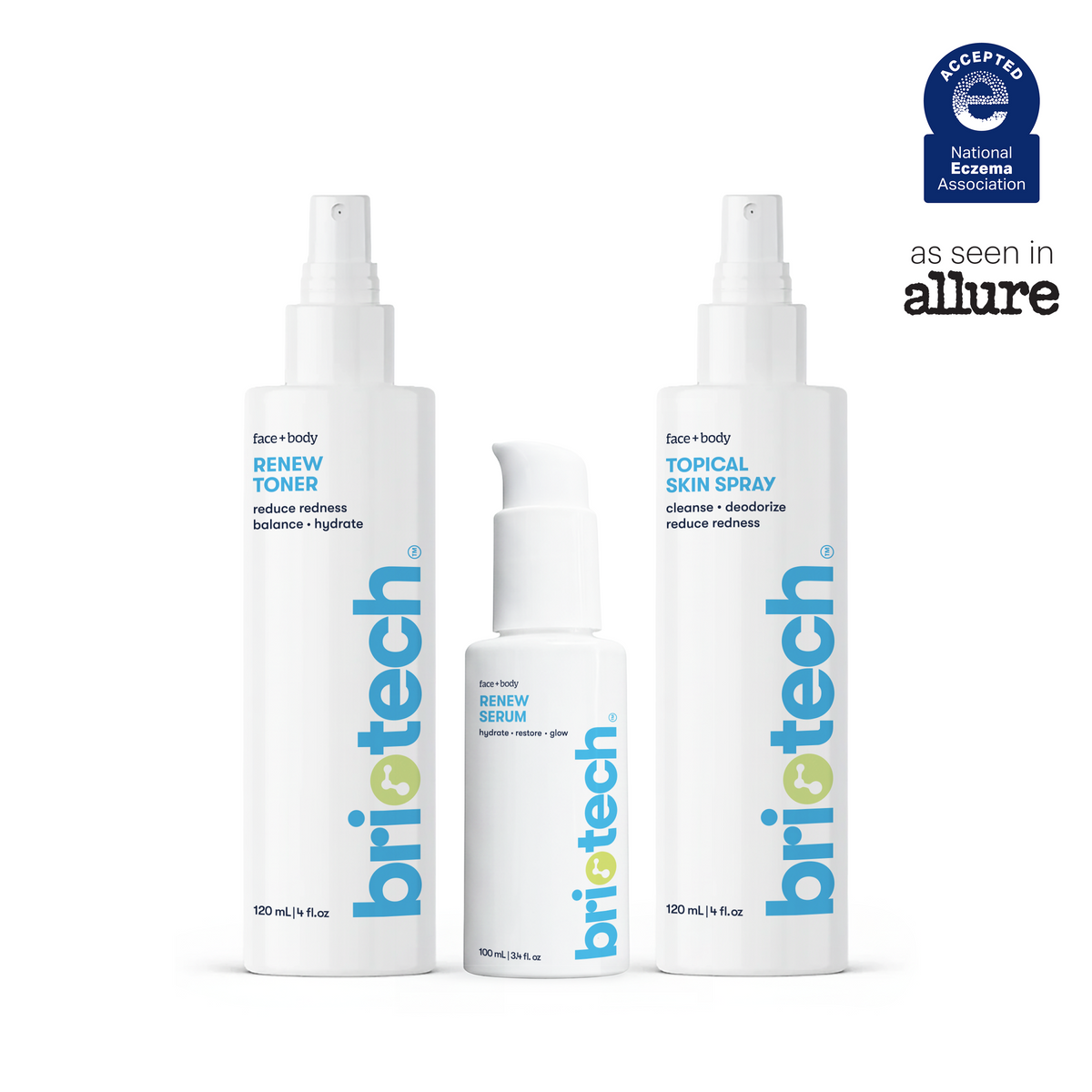 Skincare Essentials Set featuring a Renew Toner, a Renew Serum, and a soothing skin spray, complete with the National Eczema Association seal and an as seen in Allure logo.
