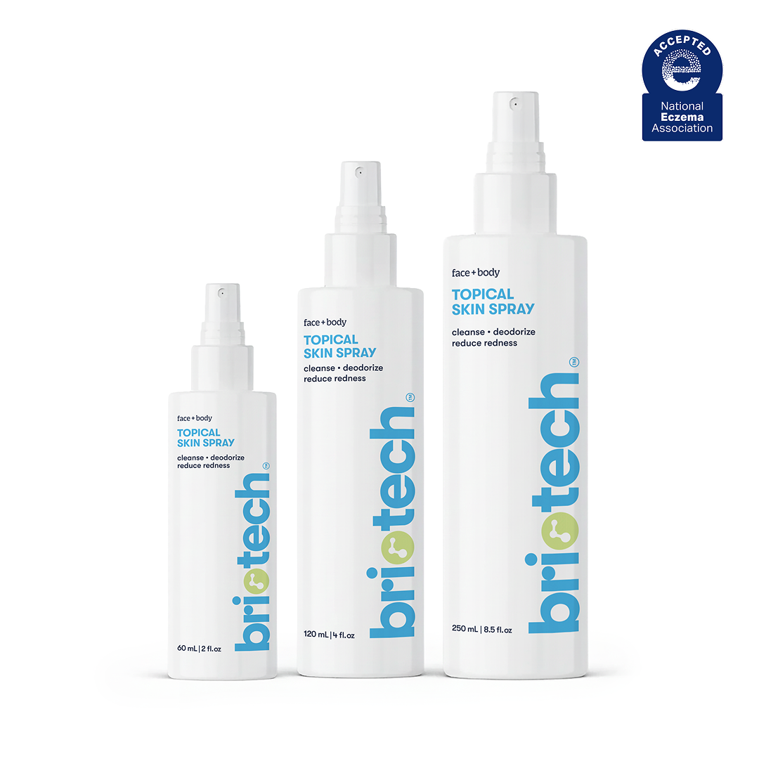 The Topical Skin Spray Value Bundle - Multi-Size includes 60 ml, 120 ml, and 250 ml bottles with blue and green labels. Each bottle has a National Eczema Association Accepted seal in the upper right corner—ideal to cleanse and soothe.