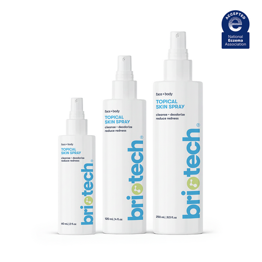The Topical Skin Spray Value Bundle - Multi-Size includes 60 ml, 120 ml, and 250 ml bottles with blue and green labels. Each bottle has a National Eczema Association Accepted seal in the upper right corner—ideal to cleanse and soothe.