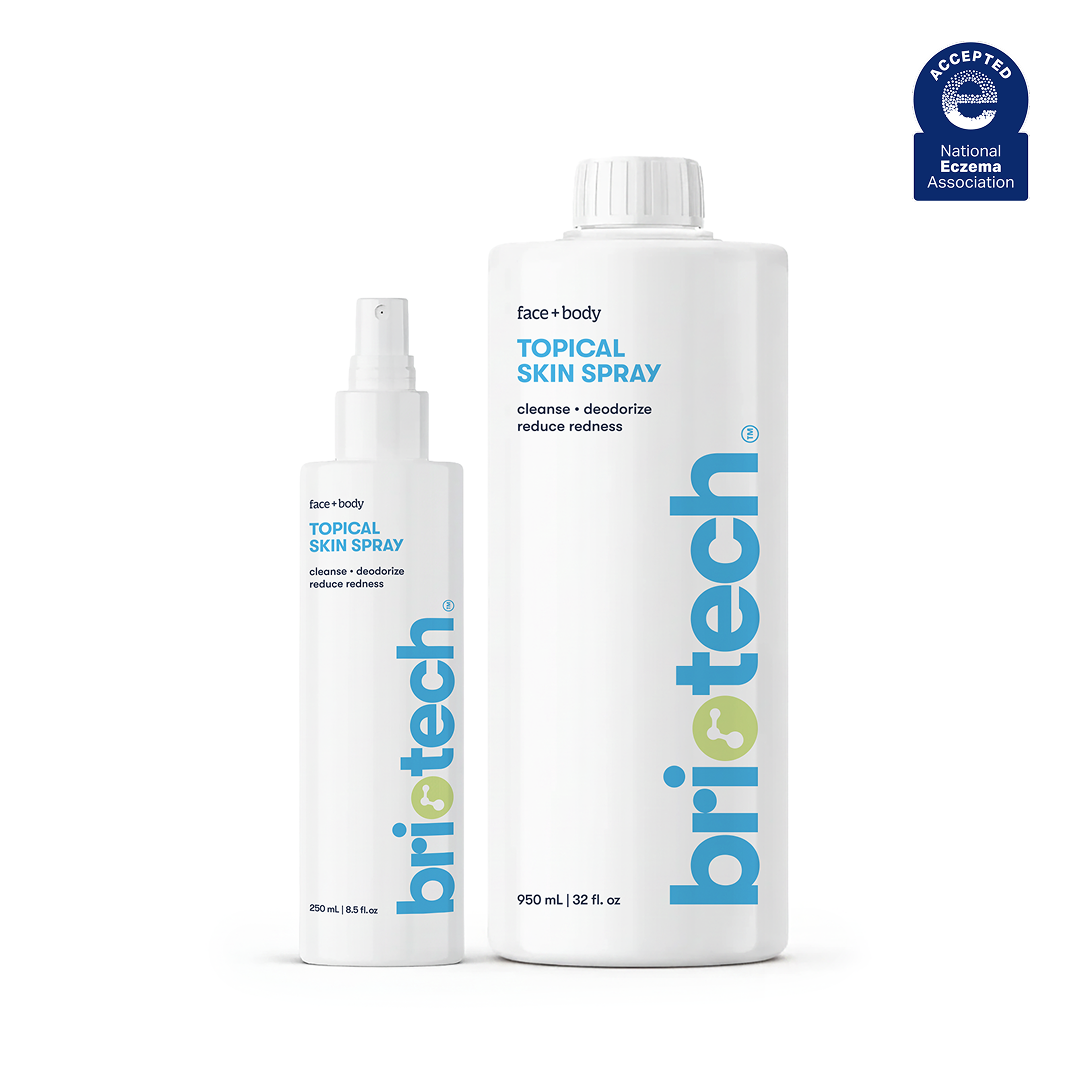 Two white bottles of TSS Refresh & Refill Set (Briotech Topical Skin Spray, HOCl-based) in 3.4 fl oz and 32 fl oz sizes with blue-green branding. A blue National Eczema Association Accepted seal appears in the upper right corner.