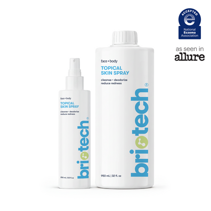 TSS Refresh & Refill Set featuring one small HOCl topical skin spray bottle and one larger refill bottle, with a National Eczema Association seal of acceptance in the corner.