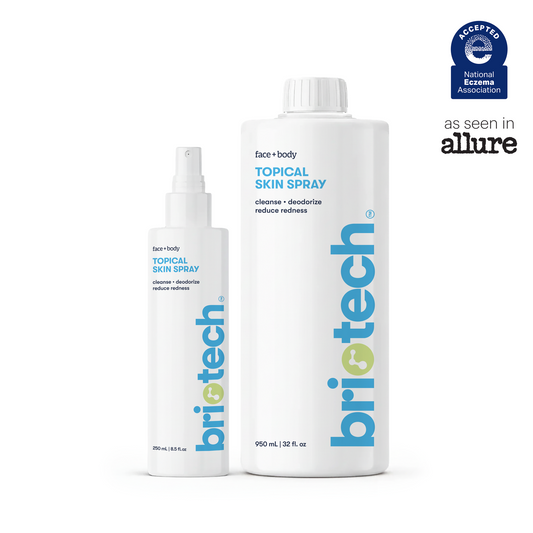 TSS Refresh & Refill Set featuring one small HOCl topical skin spray bottle and one larger refill bottle, with a National Eczema Association seal of acceptance in the corner.