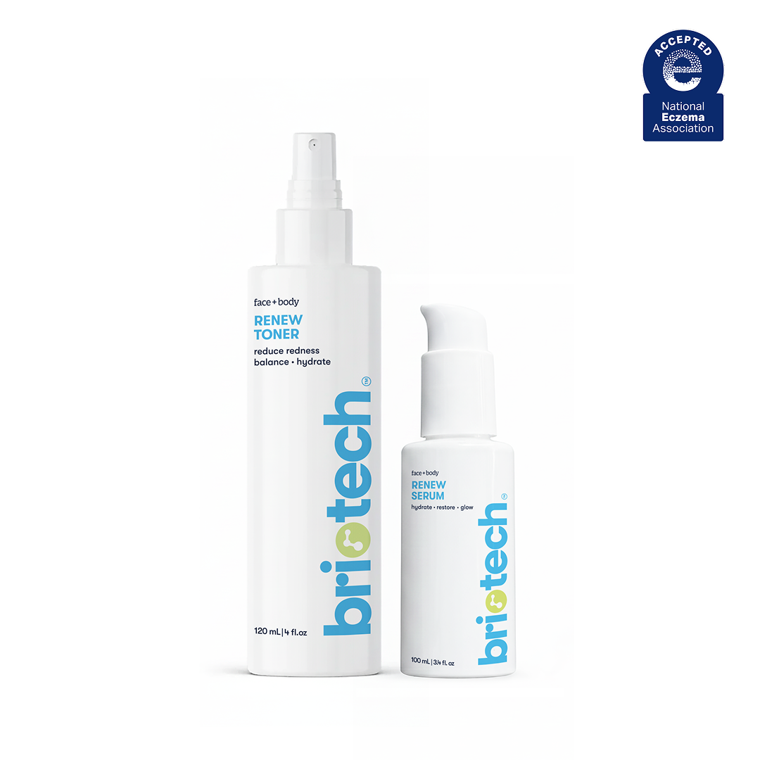 The Renew Toner and Serum Set features two white bottles labeled briotech: a tall 120 mL Renew Toner and a shorter 40 mL restorative Renew Serum, both with blue and green text. An Accepted National Eczema Association seal appears in the top right, highlighting support for your skin barrier.