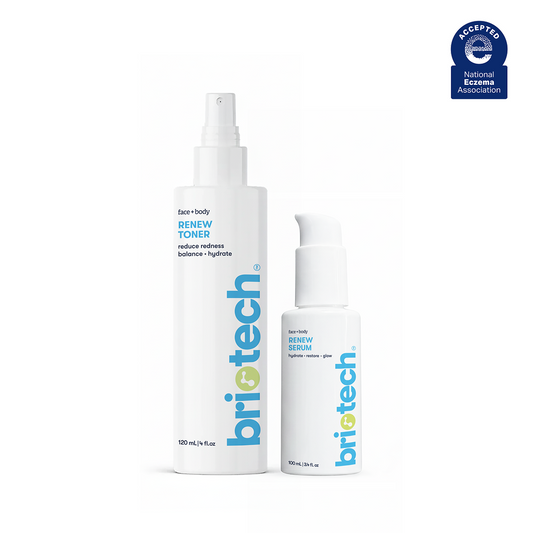 The Renew Toner and Serum Set features two white bottles labeled briotech: a tall 120 mL Renew Toner and a shorter 40 mL restorative Renew Serum, both with blue and green text. An Accepted National Eczema Association seal appears in the top right, highlighting support for your skin barrier.