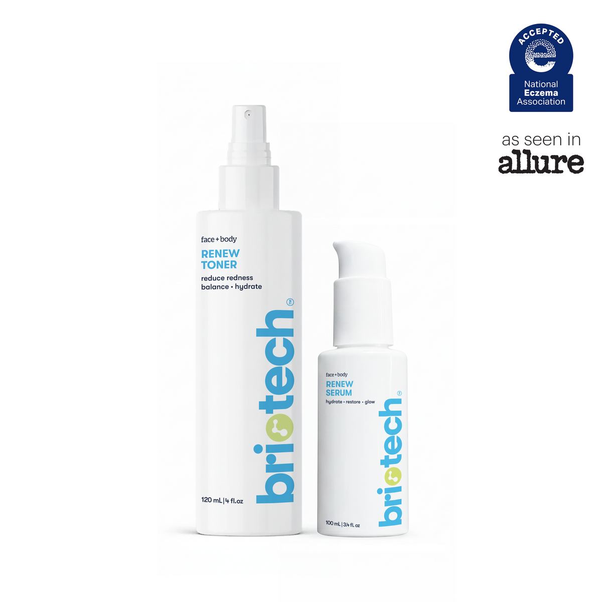 A tall facial mist toner and a shorter firming serum bottle from the Renew Toner and Serum Set, with the National Eczema Association seal and the Allure magazine logo above.